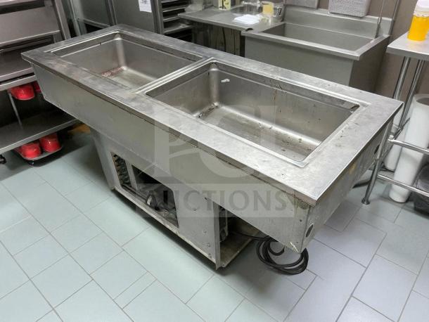 Alt text: Delfield 8148-EFNP refrigerated drop-in cold well, stainless steel, 115V, narrow two-pan design, UL & NSF listed, tested.