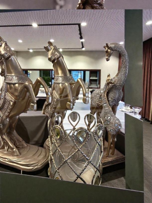 Decorative Accent Gold Horse & Peacock Statue Set in outstanding condition, elegant gold finish, like-new, ready for display.