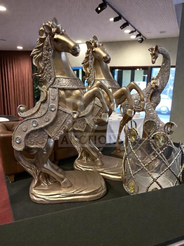 Decorative Gold Horse & Peacock Statue Set by Decorative Accent Collection, featuring intricate detailing, in like-new condition.