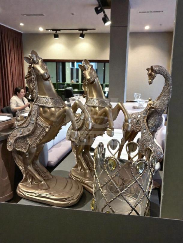 Decorative Accent Collection Gold Horse & Peacock Statue Set, elegant design, like-new condition, ideal for display in home/office.