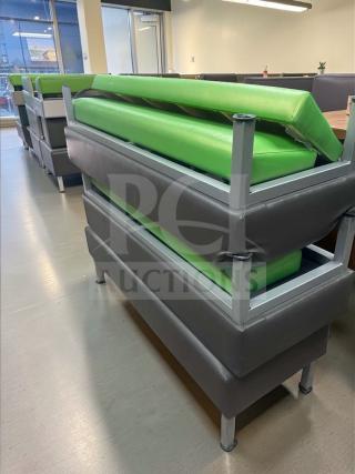 Commercial restaurant booth seating, superb condition, upholstered in green and gray vinyl, heavy-duty frame, inspected.