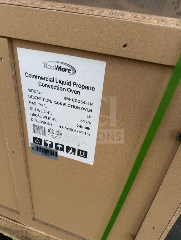 Brand new KoolMore KM-CCO54-LP convection oven, liquid propane, double deck, pristine condition. Box label with specs visible.