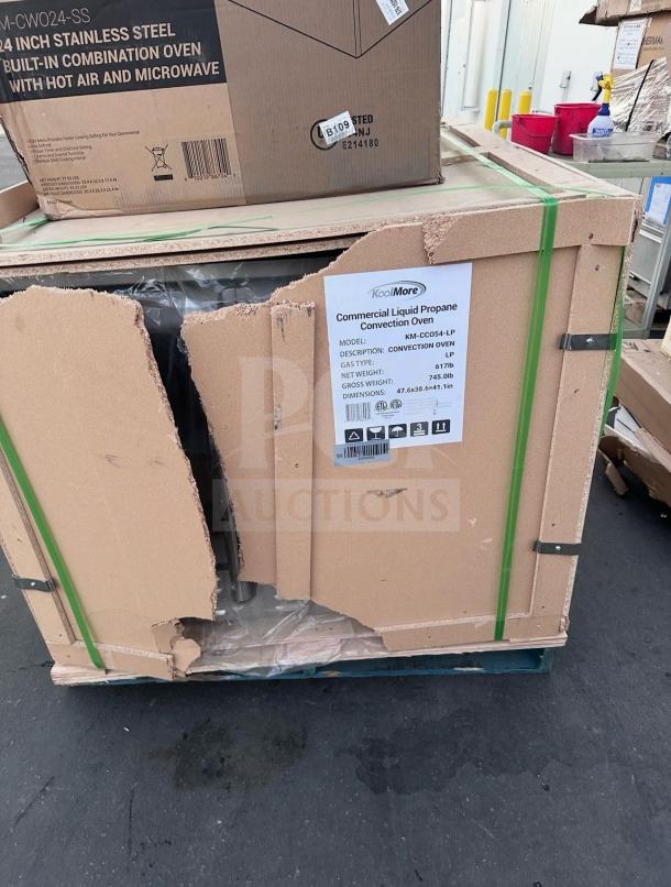 Brand new KoolMore KM-CCO54-LP Commercial Convection Oven, double deck, liquid propane, in original packaging with model information.