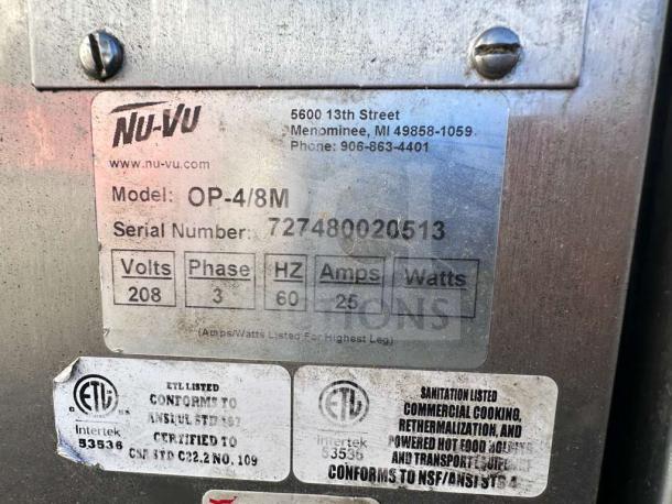 Nu-Vu OP-4/8M commercial oven & proofer label. Shows model, serial number 727480020513, and electrical specs: 208V, 3 phase.