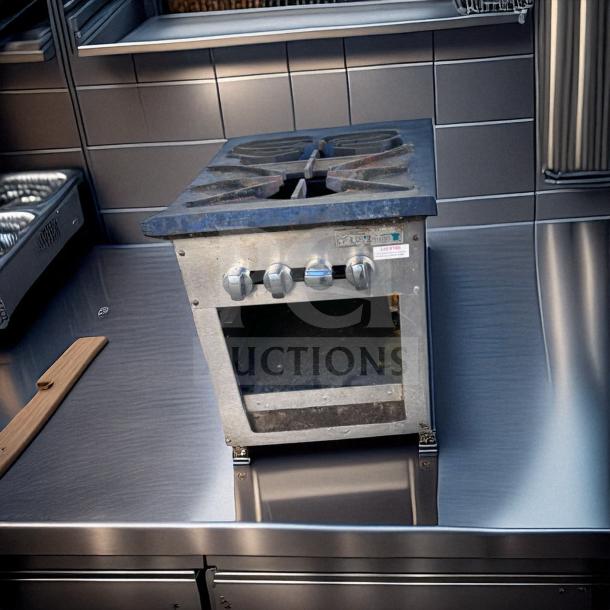 Vulcan heavy-duty gas cooker, single burner stock pot range, floor model, top-tier condition, fully tested, stainless steel finish.