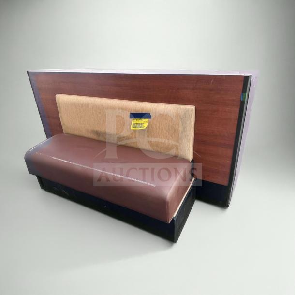Immaculate commercial restaurant booth seating, wood back panel, upholstered in brown vinyl. Qty 3 available.