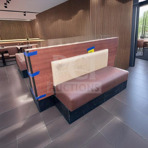 Immaculate condition restaurant booth seating with upholstered bench and wood back panel, Generic Commercial, Qty 3 available.