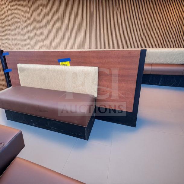 Immaculate commercial booth seating featuring upholstered bench, wood back panel, in excellent condition. Quantity: 3 available.