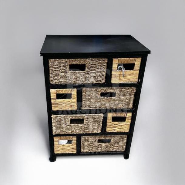 Compact storage cabinet with woven basket drawers, remarkable condition, fully functional. Model STO-S-CAB-0926.