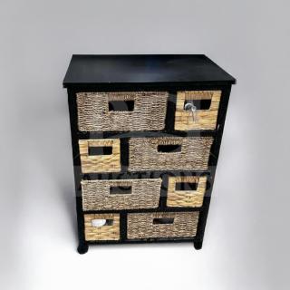 Compact storage cabinet with woven basket drawers, remarkable condition, fully functional. Model STO-S-CAB-0926.