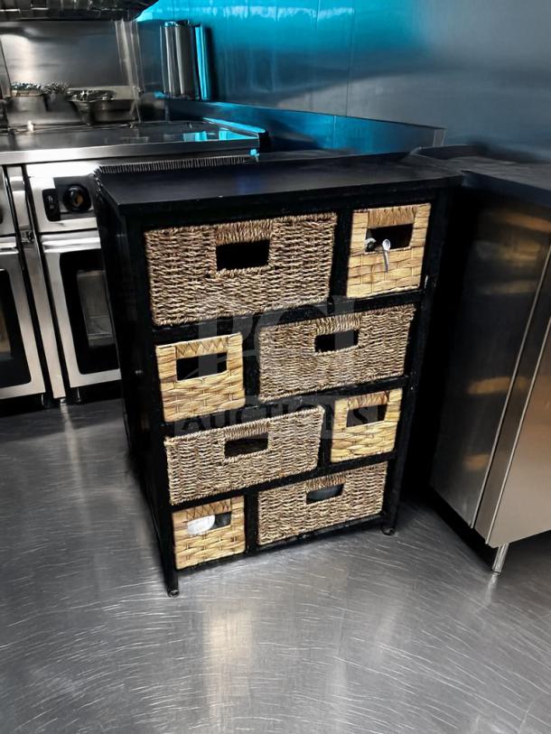 Multi-drawer storage cabinet with woven basket drawers in remarkable condition. Compact, fully functional organizer unit.