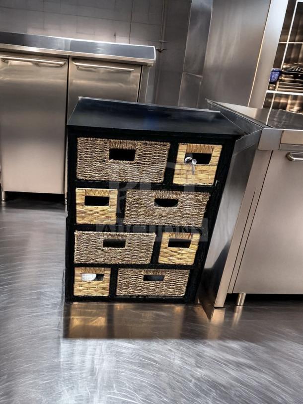 Compact multi-drawer storage cabinet with woven basket drawers in remarkable condition. Generic make, model STO-S-CAB-0926.