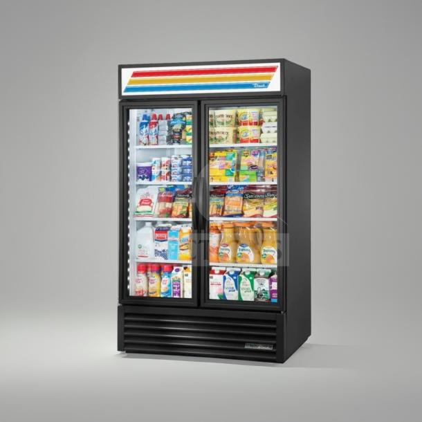 True GDM-43EM Commercial Glass Door Merchandiser Refrigerator, 2-door, 115V, exceptional condition, fully tested, display cooler.