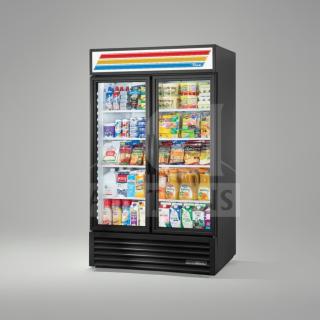 True GDM-43EM Commercial Glass Door Merchandiser Refrigerator, 2-door, 115V, exceptional condition, fully tested, display cooler.