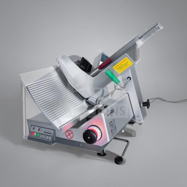 Bizerba GSP HD commercial meat slicer in pristine condition, heavy-duty, 120V, with control knobs and safety markings visible.