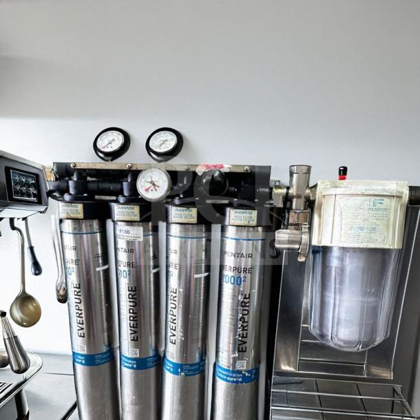 Pentair Everpure 20002 water filtration system with multi-cartridge setup, gauges, and housing. Excellent condition, model 20002.