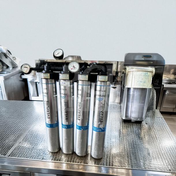 Pentair Everpure 20002 water filtration system, superior condition, multi-cartridge, high flow, fully tested, gauges visible.