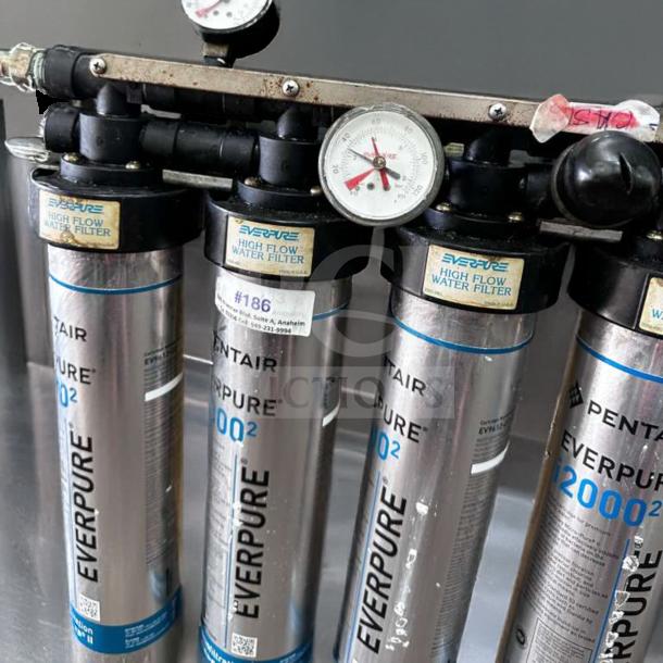 Pentair Everpure 20002 water filtration system, multi-cartridge, high flow, superior condition, fully tested, gauges visible.