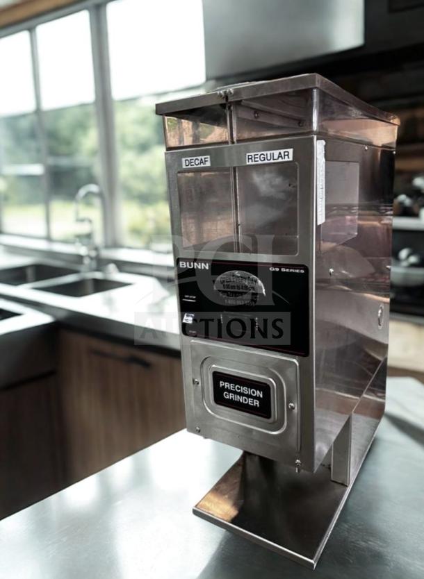 BUNN G9-2 HDS Precision Coffee Grinder, commercial model, exceptional condition, stainless steel, dual hoppers labeled "Decaf" and "Regular."