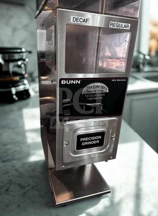 BUNN G9-2 HDS Precision Coffee Grinder, commercial bulk model, marked Decaf and Regular, stainless steel, excellent condition.