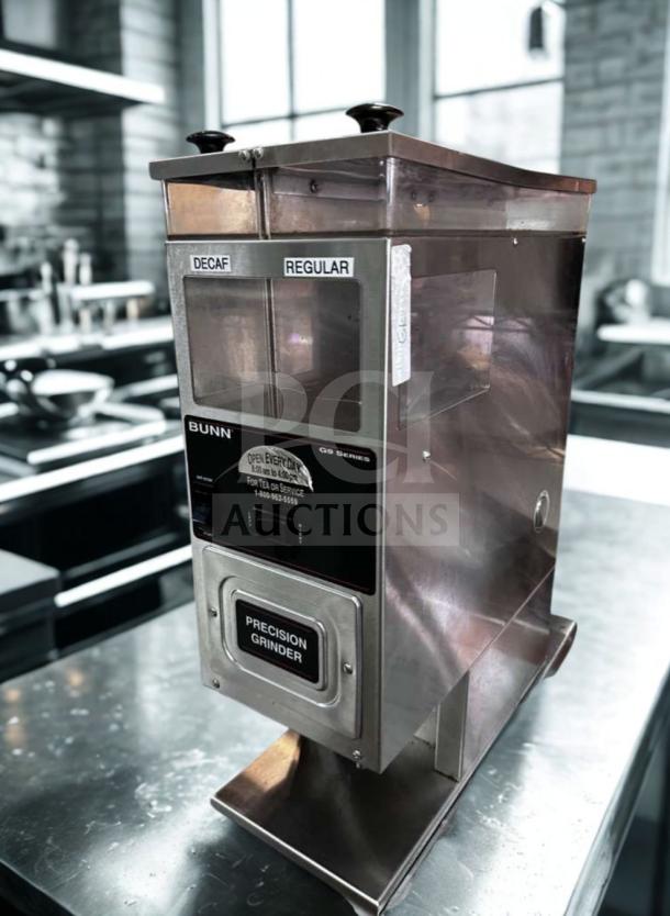 BUNN G9-2 HDS Precision Coffee Grinder in excellent condition, commercial bulk model, 120V, dual hoppers labeled "Decaf" and "Regular", fully operational.