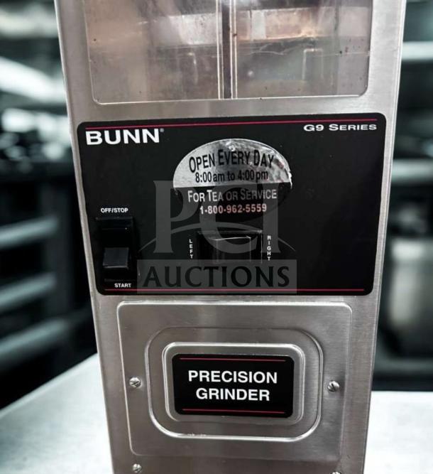 BUNN G9-2 HDS Precision Coffee Grinder, exceptional condition, model G9 Series, commercial bulk grinder, 120V, BUNN-O-Matic.
