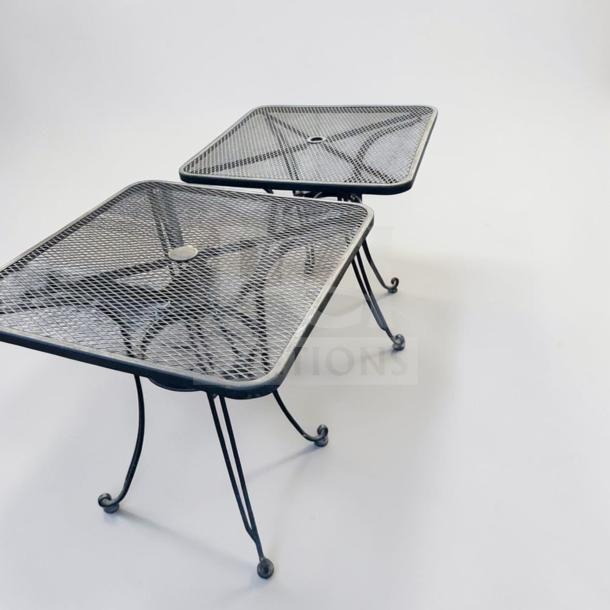 Commercial-grade 32” square metal patio tables with mesh tops and umbrella holes, in outstanding condition.