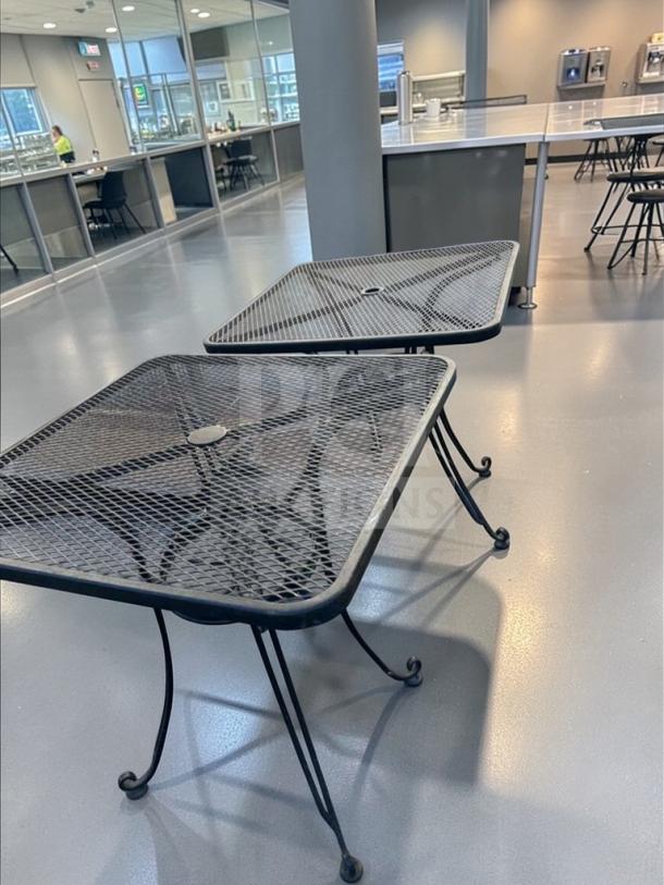 Commercial outdoor metal patio table, 32" square mesh top, umbrella hole, heavy-duty, excellent condition, ready for use.