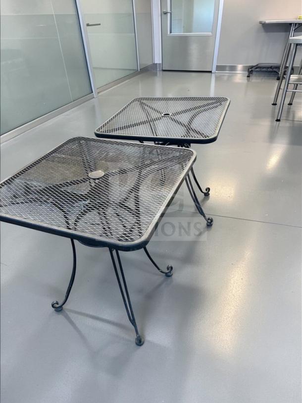 Commercial Grade 32” Square Mesh Patio Table, outstanding condition, heavy-duty metal, with umbrella hole, fully inspected.