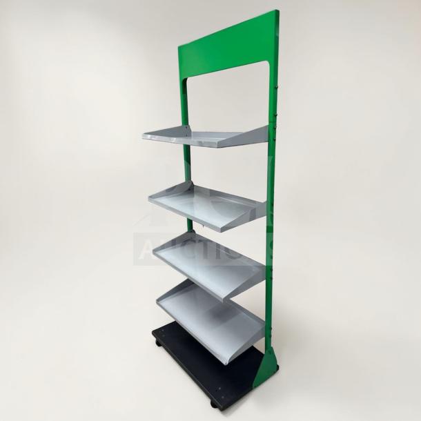 Commercial Grade 4-Tier Gondola Display Shelf, prime condition. Heavy-duty construction, fully inspected, green and gray design.