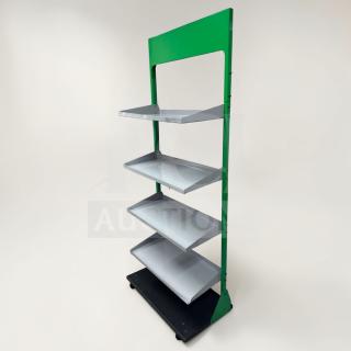 Commercial Grade 4-Tier Gondola Display Shelf, prime condition. Heavy-duty construction, fully inspected, green and gray design.