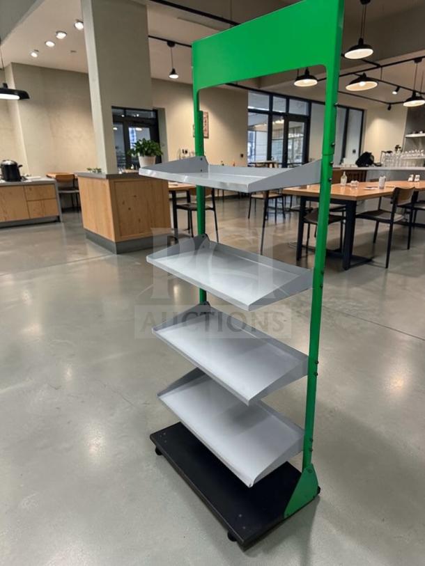 4-tier commercial retail gondola display shelf, prime condition, heavy-duty, green frame, ready for use, model RET-S-SHLF-0584.