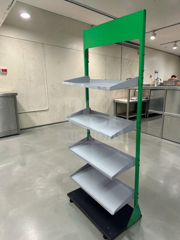 4-tier commercial gondola display shelf, green frame, heavy-duty, prime condition, model RET-S-SHLF-0584.