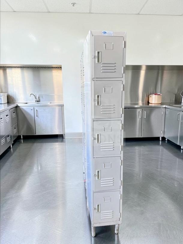 GSW Inc. 5-Tier Metal Locker Cabinet, excellent condition, model GSW-M-LOCK-0568, heavy-duty steel, fully operational.