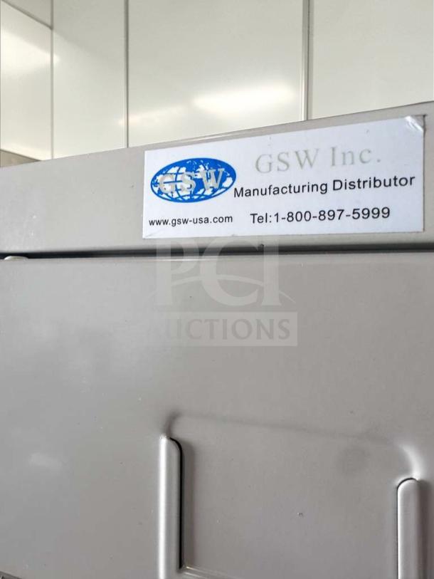 GSW Inc. 5-Tier Metal Locker Cabinet in excellent condition, heavy-duty steel. Features label with manufacturer details.