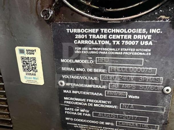 TurboChef HHD-9500 commercial oven label, showcasing model, serial number, voltage (208/240V 3 Phase), and amperage details.