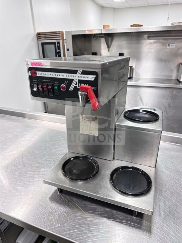 Wilbur Curtis Alpha AP-1D automatic coffee brewer in excellent condition; stainless steel, 120V, NSF certified, fully operational.