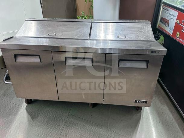 Titan XTSU72 sandwich prep table refrigerator, 72" stainless steel. ETL listed, superior condition, fully tested operational.