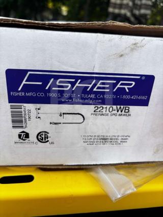 Fisher 2210-WB commercial pre-rinse spray valve with hose in prime condition, NSF listed, ideal for restaurant use.