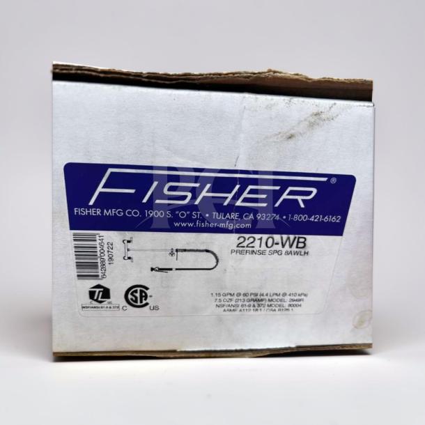 Alt text: Fisher 2210-WB Commercial Pre-Rinse Spray Valve box, NSF listed, ready for restaurant installation, model 2210-WB.