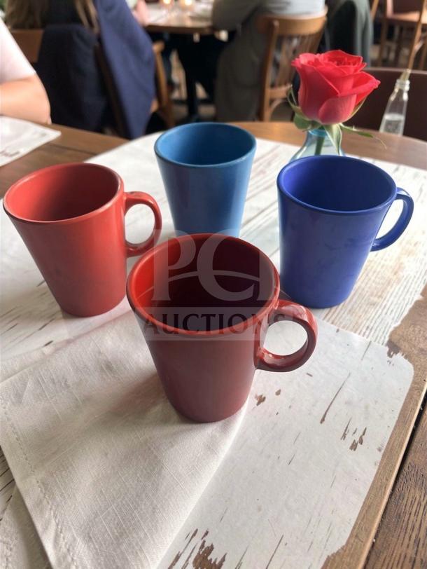 Assorted commercial coffee mugs in red and blue, top-tier condition, ideal for restaurant use, fully inspected, model OAS-M-MUG-0644.