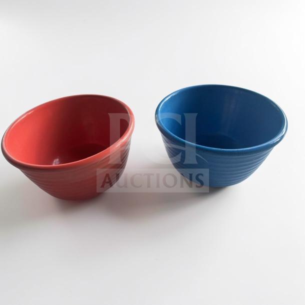 Two heavy-duty ceramic ramekin bowls in red and blue from Commercial Foodservice Supplier, prime condition.