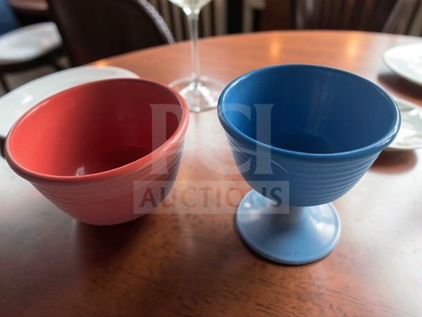 Prime condition ceramic ramekin bowls by Commercial Foodservice Supplier in red and blue. Heavy-duty, inspected, assorted colors.