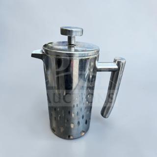 Stainless steel French press coffee maker by Commercial Café Equipment in excellent condition, sleek design. Model CAF-S-PRS-0669.