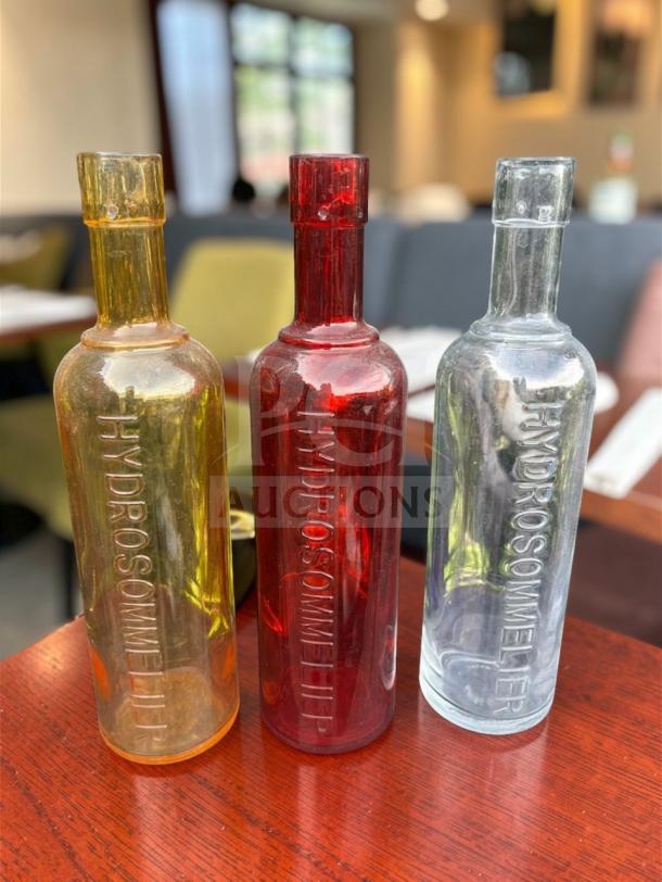 HydroSommelier embossed colored glass water bottles in exceptional condition, ideal for commercial restaurant use.