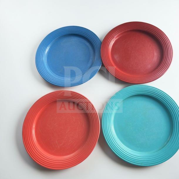 Four 10.5 in colorful Classic Restaurant Dinner Plates by Commercial Foodservice Supplier. Outstanding condition, heavy-duty.