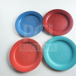 Four 10.5 in colorful Classic Restaurant Dinner Plates by Commercial Foodservice Supplier. Outstanding condition, heavy-duty.