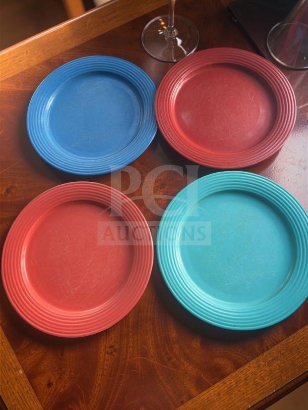 Colorful commercial dinner plates, 10.5 inches, excellent condition, heavy-duty, ribbed edges, ready for foodservice use.