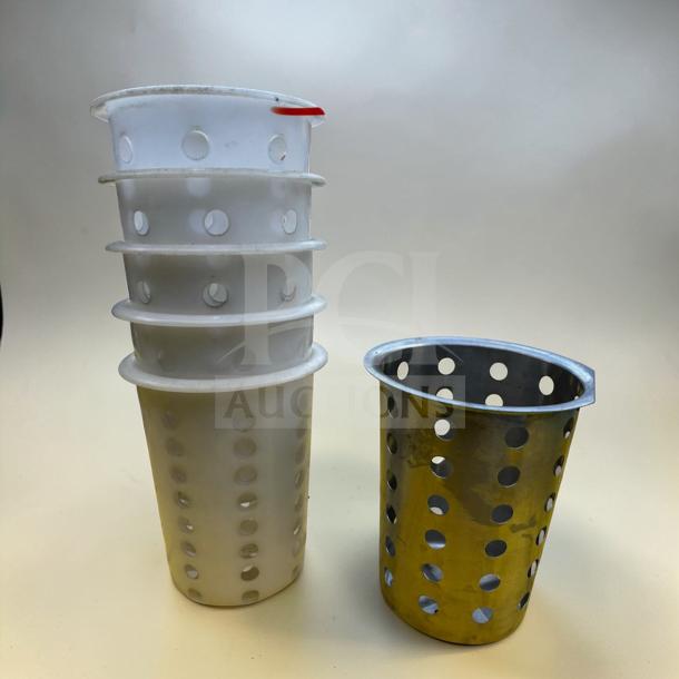 Set of six commercial kitchen sink drain baskets, plastic and stainless steel, model KIT-S-SNK-0666, in prime condition.