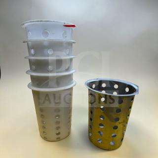 Set of six commercial kitchen sink drain baskets, plastic and stainless steel, model KIT-S-SNK-0666, in prime condition.